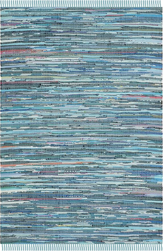 SAFAVIEH Rag Rug Collection Area Rug - 5' x 8', Blue & Multi, Handmade Boho Stripe Cotton, Ideal for High Traffic Areas in Living Room, Bedroom (RAR121B)
