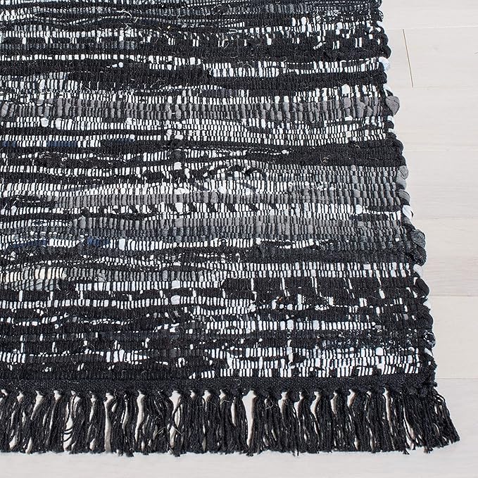 SAFAVIEH Rag Rug Collection Area Rug - 6' x 9', Black, Handmade Boho Stripe Cotton, Ideal for High Traffic Areas in Living Room, Bedroom (RAR121Z)