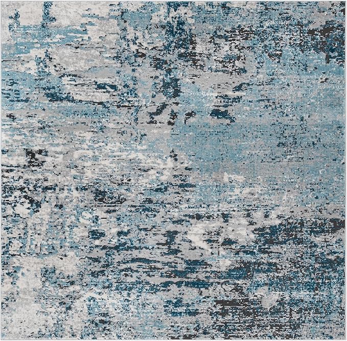 Rugs.com Leipzig Collection Rug – 8 Ft Square Blue Low-Pile Rug Perfect for Living Rooms, Kitchens, Entryways
