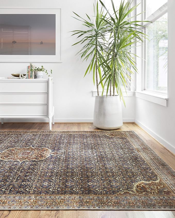 Loloi Layla Collection LAY-09 Cobalt Blue/Spice 9'-0" x 12'-0" .13" Thick Area Rug, Soft, Durable, Vintage Inspired, Distressed, Low Pile, Non-Shedding, Easy Clean, Printed, Living Room Rug