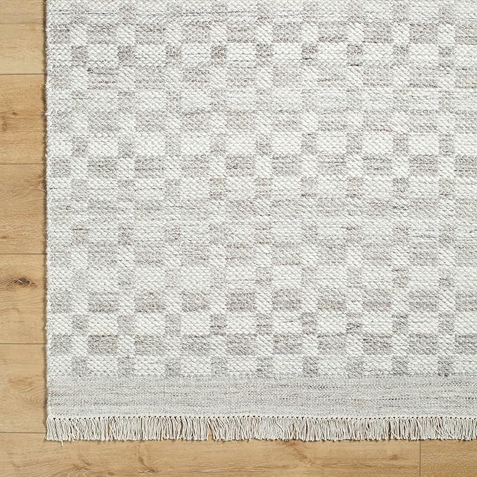 Mark&Day Wool Rugs, 6x9 Clinten Solid and Border Light Gray Checkered Rug, Grey Ivory Carpet for Living Room, Bedroom or Kitchen (6' x 9')