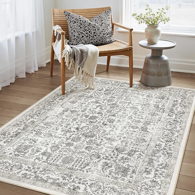 Black Area Rug 4x6 Office Entryway Rug Machine Washable Kitchen Vintage Distressed Non Slip Carpet Indoor Retro Floral Accent Throw Door Mat for Bathroom Bedroom Dining Living Room
