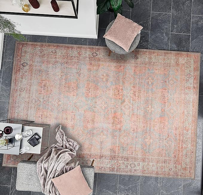 GLN Rugs Traditional Collection - Machine Washable Area Rug, Traditional Washable, Non Slip, Low Pile Chenille Rug, Living Room, Bedroom, Kitchen Rug (3' x 5' Terra/Multicolor 1153)