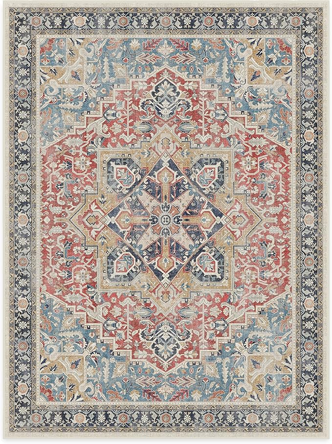 RUGGABLE Washable Vintage Area Rug – Kamran Cayenne Red 9x12, Stain-Resistant, Non-Slip – Large Machine Washable Rugs for Living Room, Bedroom, Hallway, Entryway & Office–with Standard Pad