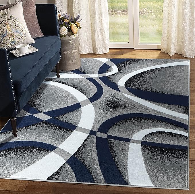 GLORY RUGS Area Rug 5x7 Navy Door Mat Modern Swirls Carpet Bedroom Living Room Contemporary Dining Accent Sevilla Collection 4816