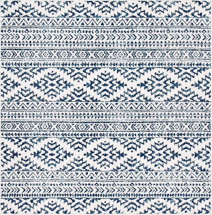 SAFAVIEH Tulum Collection Area Rug - 9' Square, Ivory & Navy, Moroccan Boho Tribal Design, Non-Shedding & Easy to Clean, Ideal for Living Room, Bedroom, Dining Space (TUL272D)