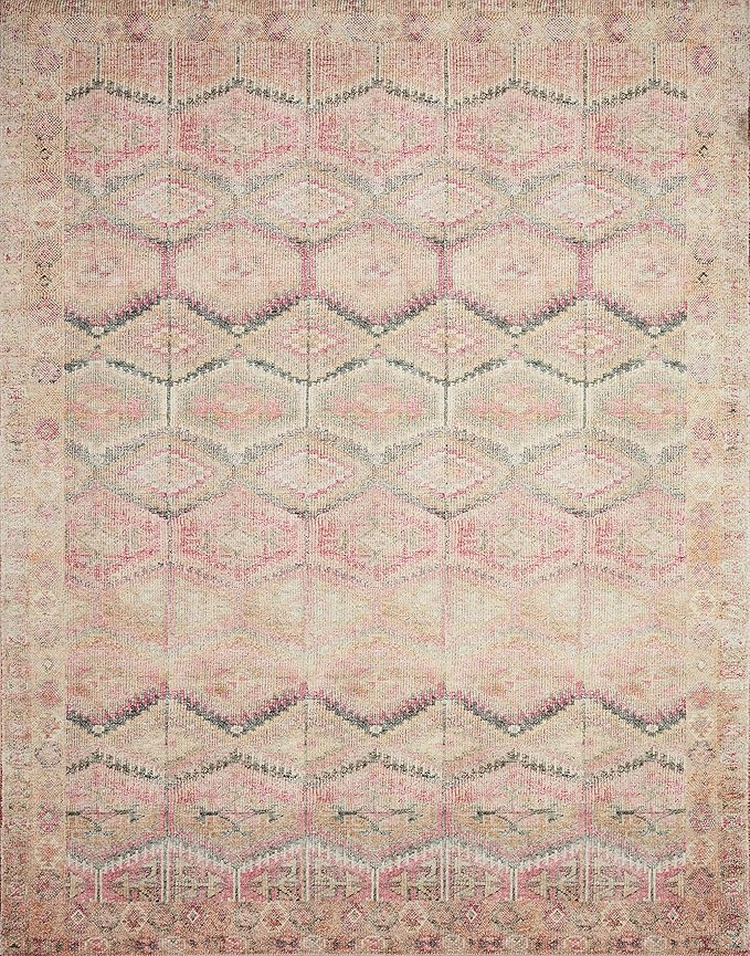 Loloi Layla Collection LAY-17 Pink/Lagoon 9'-0" x 12'-0" .13" Thick Area Rug, Soft, Durable, Vintage Inspired, Distressed, Low Pile, Non-Shedding, Easy Clean, Printed, Living Room Rug