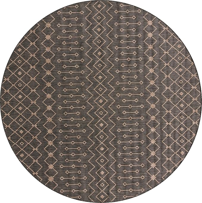 Unique Loom Outdoor Trellis Collection Area Rug - Tribal Trellis (10' 8" Round, Charcoal Gray/ Natural)