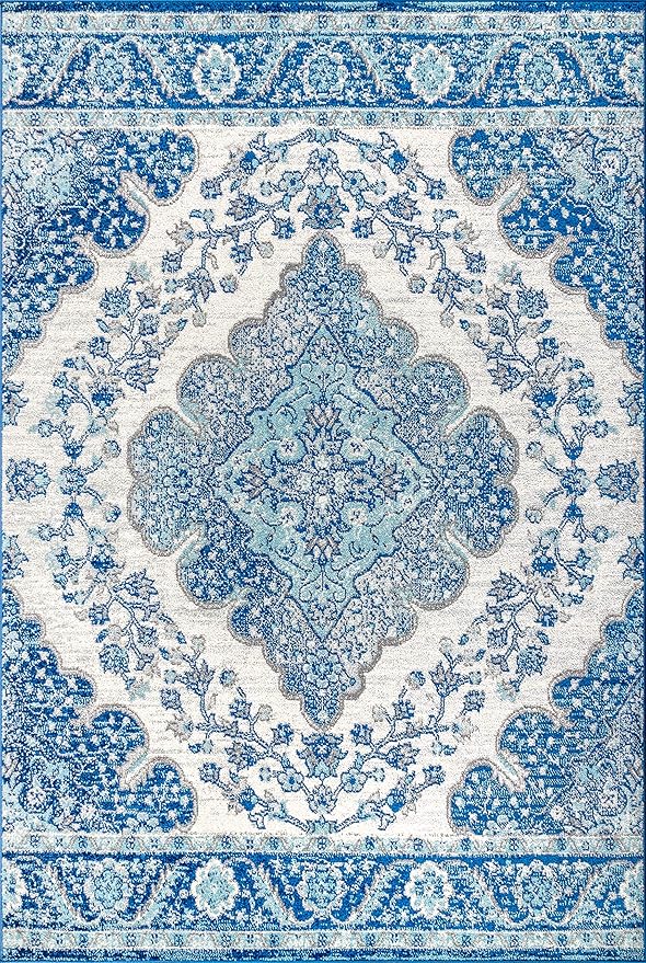 JONATHAN Y Boho Vintage Cream/Blue Indoor Area Rug, 5x8, Bohemian Flair Medallion, Floral Easy-Cleaning High Traffic for Living Room, Bedroom, Kitchen, Pet-Friendly, Non-Shedding (BMF106B-5)