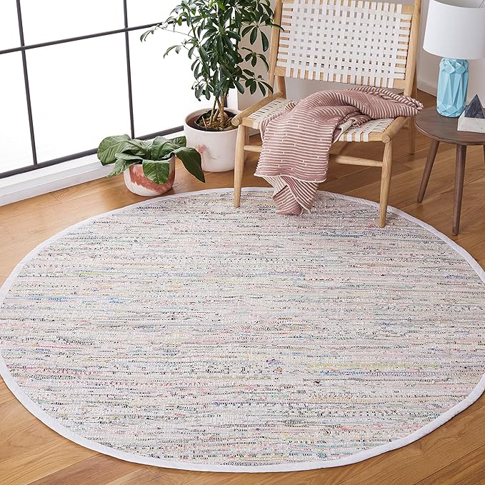 SAFAVIEH Rag Rug Collection Area Rug - 9' Round, Ivory & Multi, Handmade Boho Stripe Cotton, Ideal for High Traffic Areas in Living Room, Bedroom (RAR121G)