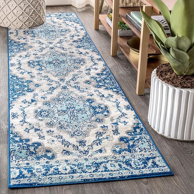 JONATHAN Y Boho Vintage Cream/Blue Runner Rug, 2x8, Bohemian Flair Medallion, Floral Easy-Cleaning High Traffic for Living Room, Bedroom, Kitchen, Pet-Friendly, Non Shedding (BMF106A-28)