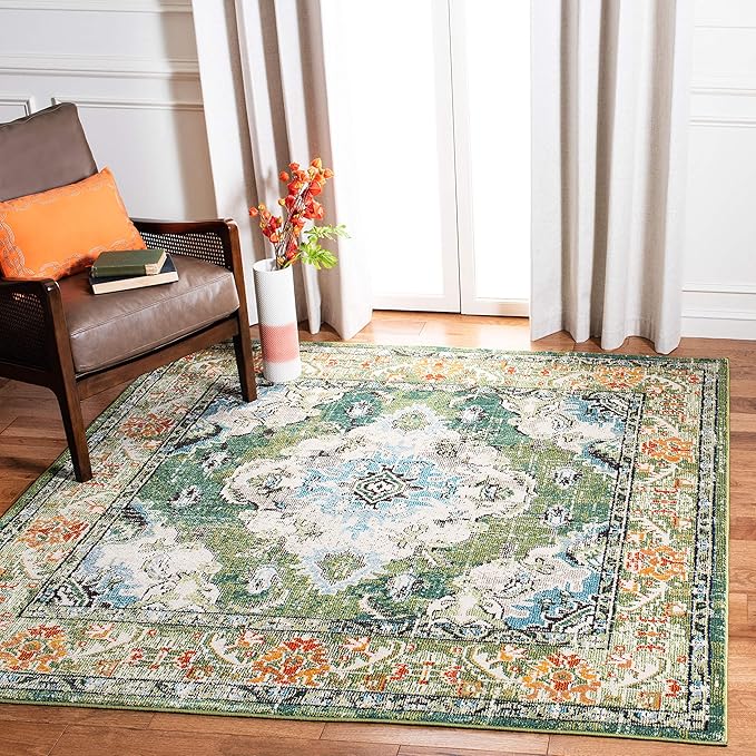 SAFAVIEH Monaco Collection Area Rug - 8'8" Square, Forest Green & Light Blue, Medallion Distressed Design, Non-Shedding & Easy Care, Ideal for High Traffic Areas in Living Room, Bedroom (MNC243F)