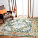 SAFAVIEH Monaco Collection Area Rug - 11' Square, Forest Green & Light Blue, Medallion Distressed Design, Non-Shedding & Easy Care, Ideal for High Traffic Areas in Living Room, Bedroom (MNC243F)