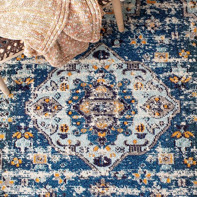 SAFAVIEH Madison Collection Area Rug - 6'7" Square, Navy & Beige, Boho Diamond Distressed Design, Non-Shedding & Easy Care, Ideal for High Traffic Areas in Living Room, Bedroom (MAD418M)