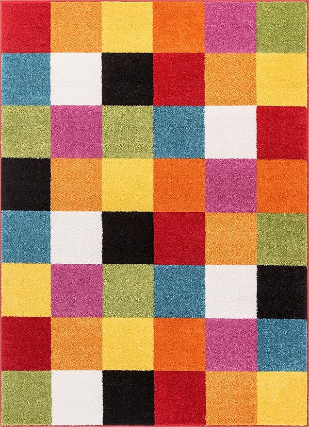 Well Woven Modern Rug Squares Multi Geometric 5' x 7' Area Rug Entryway Bright Kids Room Kitchn Bedroom Carpet Bathroom Soft Durable Area Rug