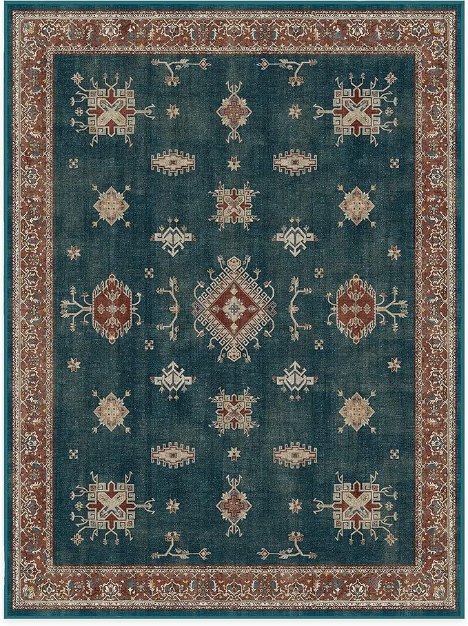 RUGGABLE Washable Vintage Area Rug – Verena Teal Blue 9x12, Stain-Resistant, Non-Slip – Large Machine Washable Rugs for Living Room, Bedroom, Hallway, Entryway & Office–with Cushioned Pad