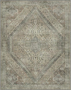 Bavni Washable Rug 8x10 Area Rug for Living Room Bedroom Dining, Washable Vintage Print Carpet, Ultra-Thin Chenille Low Pile Lightweight Rug with Non Slip Backing, Tan