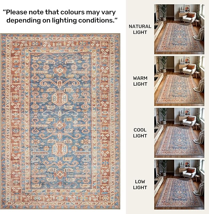 GLN Rugs Traditional Collection - Machine Washable Area Rug, Traditional Washable, Non Slip, Low Pile Chenille Rug, Living Room, Bedroom, Kitchen Rug (3' x 5' Terra/Slate Blue)