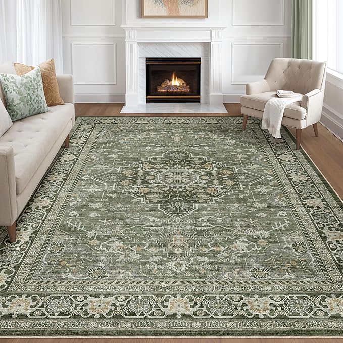 9x12 Area Rug Living Room: Washable Boho Large Neutral Vintage Soft Rugs Stain Resistant Farmhouse Non Slip Indoor Floor Carpet for Bedroom Nursery Kids Playroom Office Dining Room Home- Dark Green