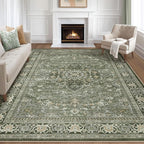 9x12 Area Rug Living Room: Washable Boho Large Neutral Vintage Soft Rugs Stain Resistant Farmhouse Non Slip Indoor Floor Carpet for Bedroom Nursery Kids Playroom Office Dining Room Home- Dark Green