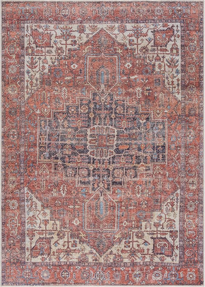 Bloom Rugs Washable 4' x 6' Rug - Red/Orange/Beige Traditional Area Rug for Living Room, Bedroom, Dining Room, and Kitchen - Exact Size: 4' x 6'