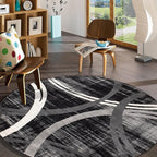 Rugshop Modern Wavy Circles Design Round Rug, Non-Shedding Carpet for Living Room, Dining Room, or Breakfast Nook, Black, 6'6" Round