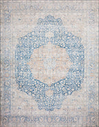 Loloi Layla Collection LAY-07 Blue/Tangerine 7'-6" x 9'-6" .13" Thick Area Rug, Soft, Durable, Vintage Inspired, Distressed, Low Pile, Non-Shedding, Easy Clean, Printed, Living Room Rug