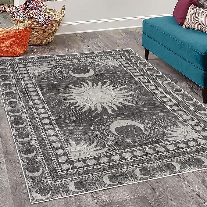 Ambesonne Sun and Moon Decorative Rug, Bohemian Artwork Design of Crescent Solar Ornament Esoteric Stars Ornaments, Quality Carpet for Bedroom Dorm and Living Room, 4' X 5' 5", Dark Taupe
