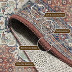 Washable Area Rug 4' x 6' Vintage Traditional Persian Mat - Foldable Distressed Non-Slip Machine Washable Carpet for Living Room Bedroom Kitchen Home Decor - Terracotta and Navy