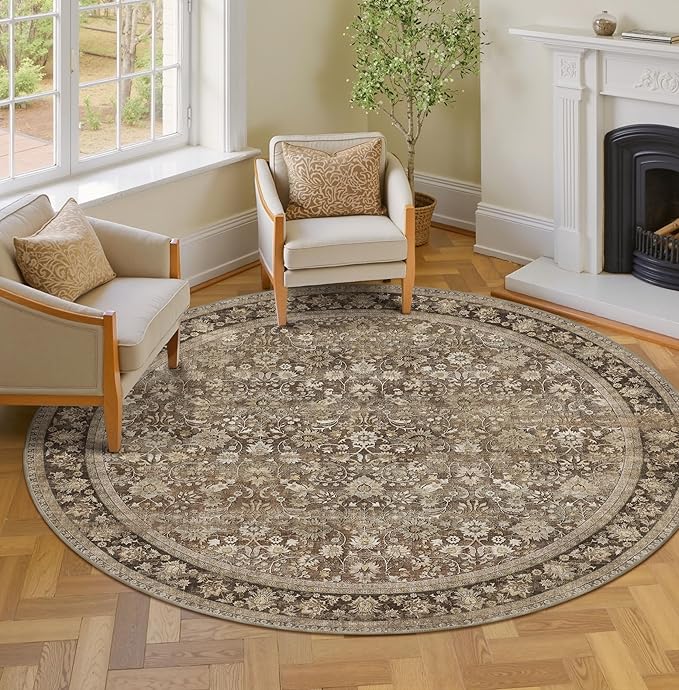 HUGEAR Round Rug 5ft Entryway Rugs Machine Washable Brown Hallway Area Rug 5x5 Small Circle Accent Rug Floral Low Pile Carpet Soft Throw Rug Living Room Office Laundry Room Entrance Non Slip