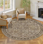 HUGEAR Round Rug 6ft Entryway Rugs Machine Washable Brown Hallway Area Rug 6x6 Large Circle Accent Rug Floral Low Pile Carpet Soft Throw Rug Living Room Office Laundry Room Entrance Non Slip