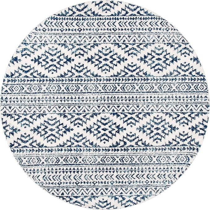 SAFAVIEH Tulum Collection Area Rug - 9' Round, Ivory & Navy, Moroccan Boho Tribal Design, Non-Shedding & Easy to Clean, Ideal for Living Room, Bedroom, Dining Space (TUL272D)