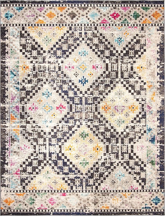 SAFAVIEH Madison Collection Area Rug - 6' x 9', Black & Yellow, Boho Diamond Distressed Design, Non-Shedding & Easy Care, Ideal for High Traffic Areas in Living Room, Bedroom (MAD418Z)