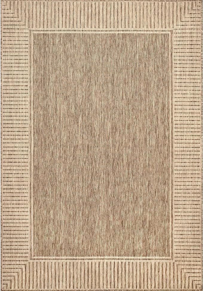 Nuloom Asha Light Brown/Ivory, 6'7" x 9', Casual, Striped Border, Soft and Cozy, High Traffic, Stain Resistant, Easy Clean, Durable Area Rug for Indoor/Outdoor Patio, Deck, Porch, Garden, Courtyard