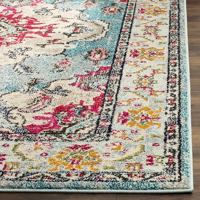 SAFAVIEH Monaco Collection Runner Rug - 2'2" x 18', Light Blue & Fuchsia, Medallion Distressed Design, Non-Shedding & Easy Care, Ideal for High Traffic Areas in Living Room, Bedroom (MNC243J)