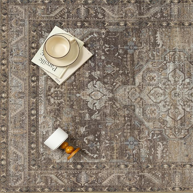 2x8 Brown Washable Vintage Runner Rug for Living Room Bedroom Non Slip Distressed Traditional Soft Runner Rug Low Pile Lightweight Floral Runner Kitchen Hallway Balcony