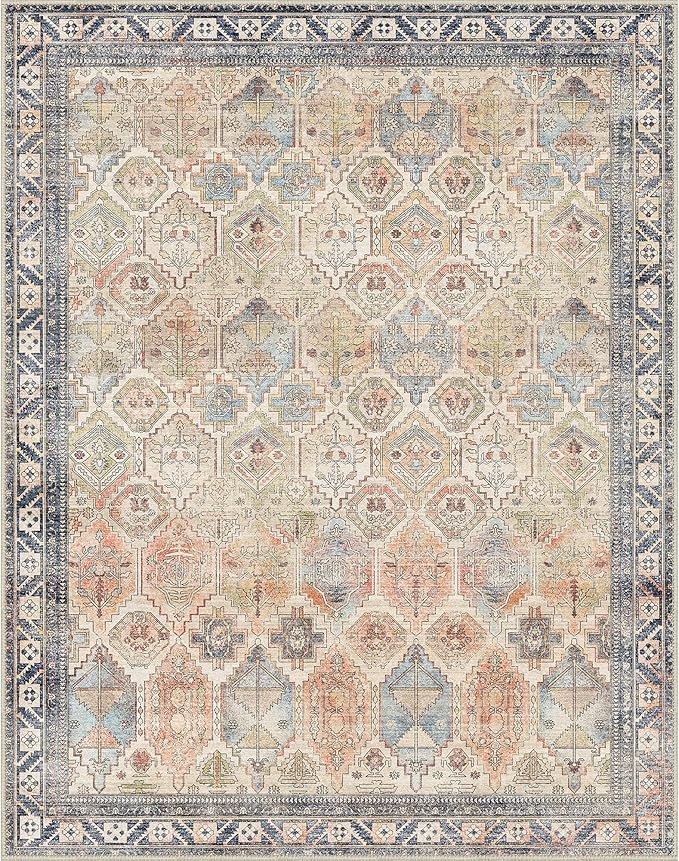 Bavni Washable Rug 8x10 Area Rug for Living Room Bedroom Dining, Washable Vintage Print Carpet, Ultra-Thin Low Pile Lightweight Rug with Non Slip Backing, Multi Beige