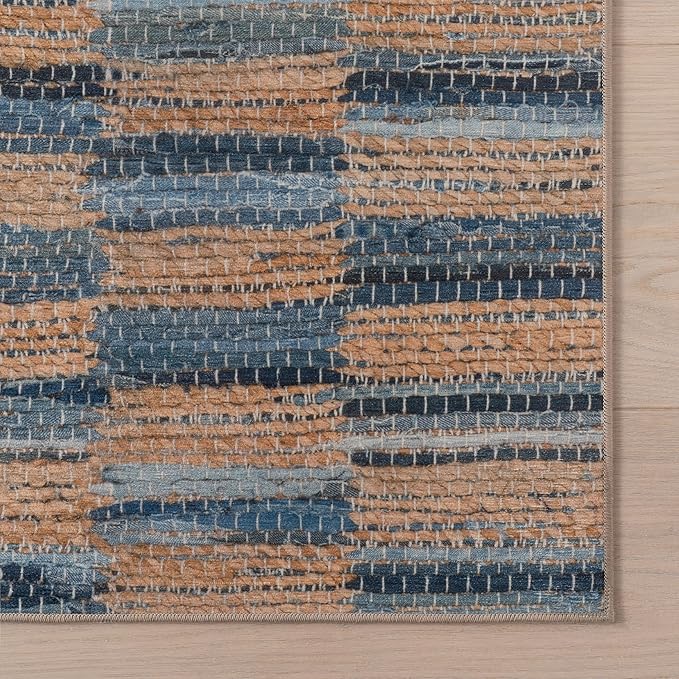 Dash & Albert Ravel Stripe Blue Machine Washable Rug, Runner-2.5 X 8 Feet, Tan/Blue Stripe Pattern