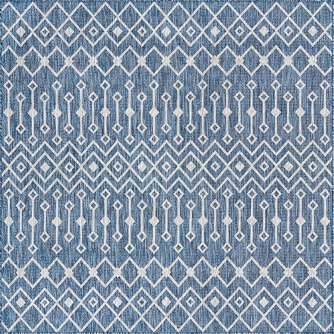 Unique Loom Outdoor Trellis Collection Area Rug - Tribal Trellis (8' Square, Blue/ Ivory)
