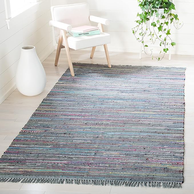 SAFAVIEH Rag Rug Collection Area Rug - 8' x 10', Aqua & Multi, Handmade Boho Stripe Cotton, Ideal for High Traffic Areas in Living Room, Bedroom (RAR121K)