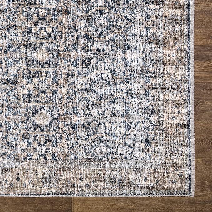 Bloom Rugs Caria Washable Non-Slip 6x9 Rug - Dark Blue/Tan Traditional Area Rug for Living Room, Bedroom, Dining Room, and Kitchen - Exact Size: 6' x 9'