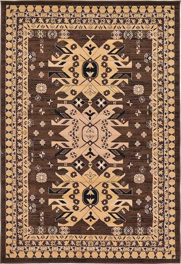 Unique Loom Taftan Collection Border Geometric Tribal Inspired Design Area Rug (6' 0 x 9' 0 Rectangular, Brown/ Tan)