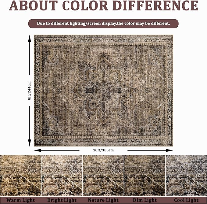 Washable Area Rugs 8x10, Large Rugs for Living Room, Carpet for Bedroom, Soft Faux Wool Retro Dining Room Rug, Non-Slip Backing Resistant Low Pile Vintage Print Rug for Home Office (Brown1)