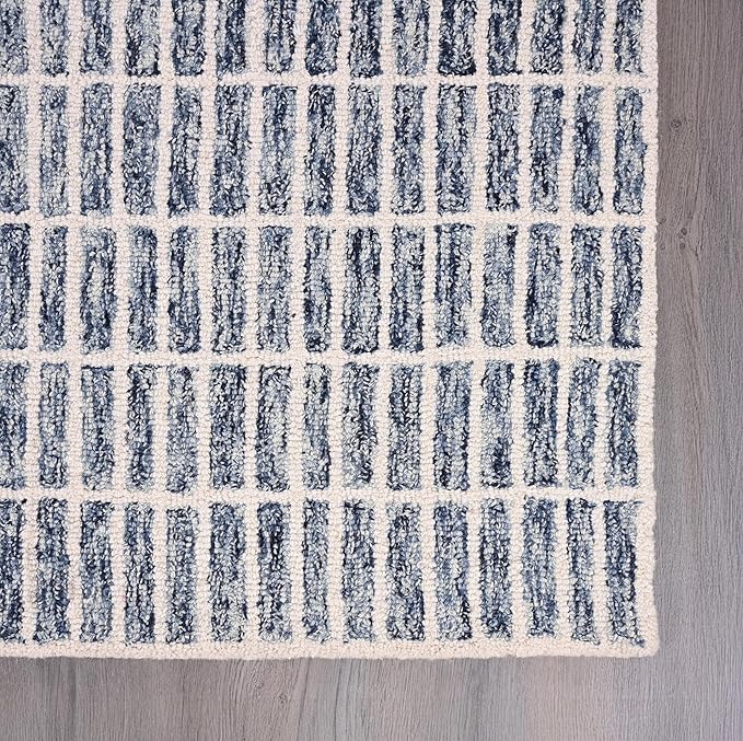 Hand-Tufted 100% Wool Area Rug – Unique Modern Geometric Grid Pattern, Soft Plush Textured Carpet for Living Room, Bedroom, Dining Room & Entryway (Denim Blue, 3' x 5')