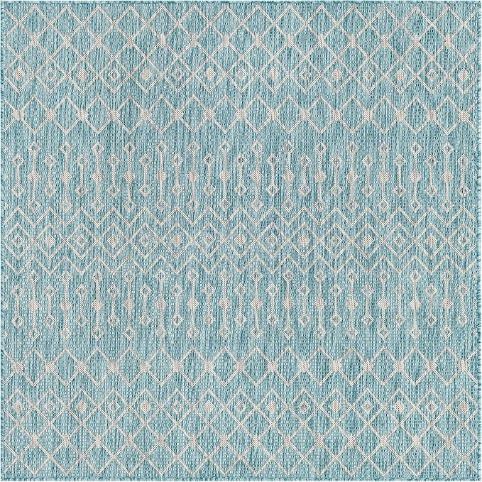Unique Loom Outdoor Trellis Collection Area Rug - Tribal Trellis (5' 3" Square, Aqua/ Ivory)
