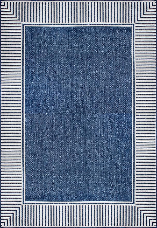 Nuloom Asha Navy/Ivory, 6'7" Square, Casual, Striped Border, Soft and Cozy, High Traffic, Stain Resistant, Easy Clean, Durable Area Rug for Indoor/Outdoor Patio, Deck, Porch, Garden, Courtyard