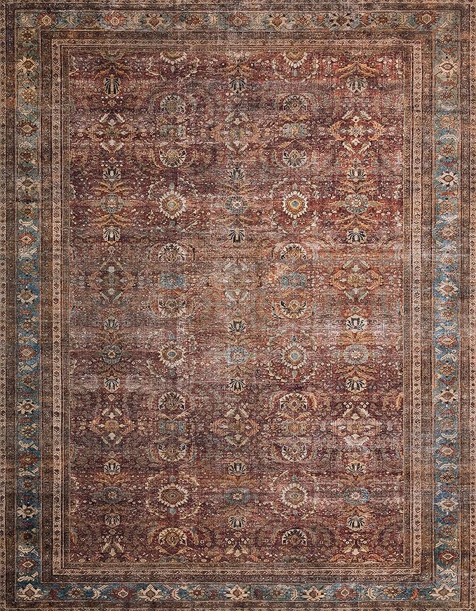 Loloi Layla Collection LAY-01 Brick/Blue 7'-6" x 9'-6" .13" Thick Area Rug, Soft, Durable, Vintage Inspired, Distressed, Low Pile, Non-Shedding, Easy Clean, Printed, Living Room Rug