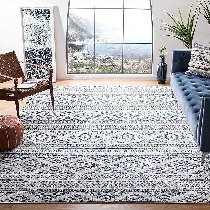 SAFAVIEH Area Rug 9x12 - Tulum Collection - Large - Ivory & Navy, Moroccan Boho Tribal Design, Non-Shedding & Easy to Clean, Ideal for Living Room, Bedroom, Dining Space (TUL272D)