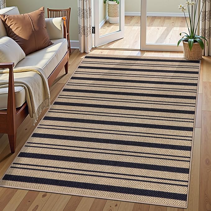 Tangsoo Stripe Easy Jute Rug,Ultra Thin 3x5 Washable Area Rug for Bedroom,Non-Slip Black Indoor Outdoor Rug Modern Farmhouse Low Pile Carpet for Patio Backyard Entryway