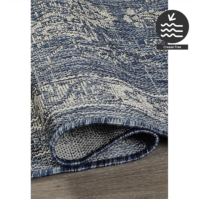 FH Home Outdoor Rug - Waterproof Easy to Clean Stain Resistant - Patio Indoor Outdoor Porch Deck Balcony Entryway - Vintage Distressed - Gorgan - Blue - 5ft 2in x 7ft 6in